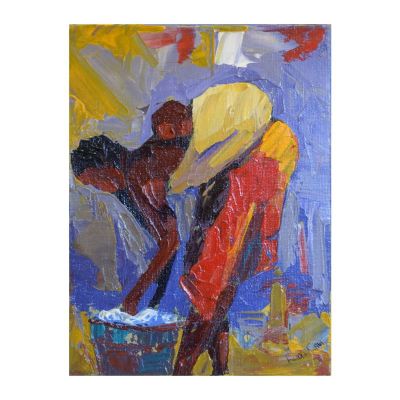 Painting - Acrylic - Woman bending with baby on back