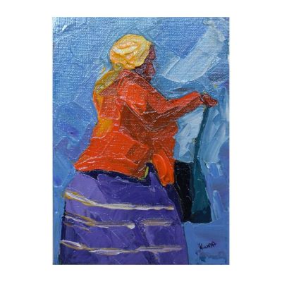 Painting - Acrylic - Woman in orange jacket and yellow hat