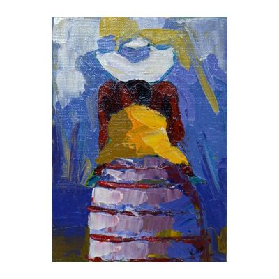 Painting - Acrylic - Woman bending with baby on back and white hat