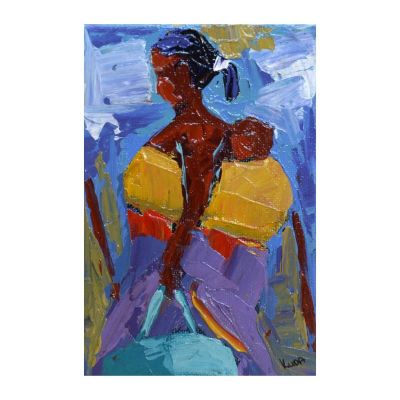Painting - Acrylic - Woman bending with baby on back, ponytail