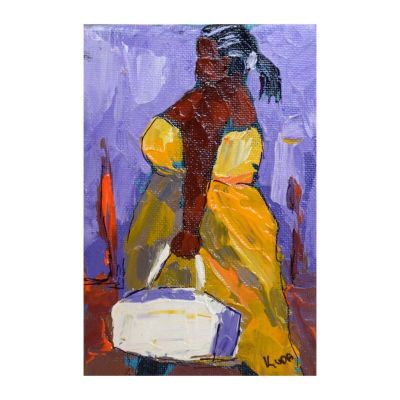 Painting - Acrylic - Woman with yellow dress, white handbag